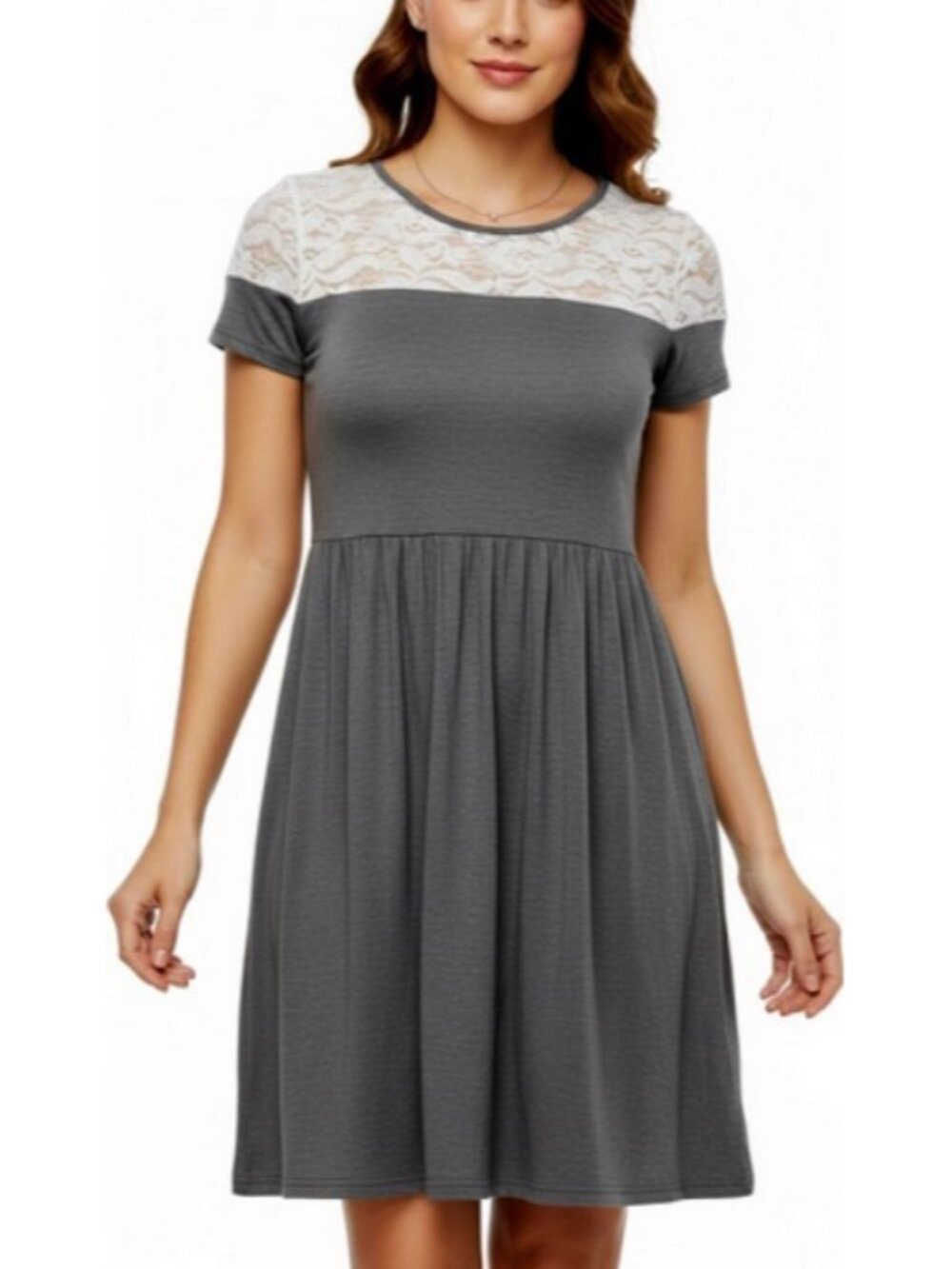 Levaca Women Small Gray Jersey Dress with White Lace Yoke Empire Waist NEW